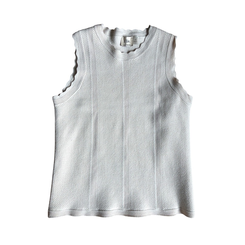 Elie Tahari Cream Textured Knit Sleeveless Shell Scalloped Trim Top Large
